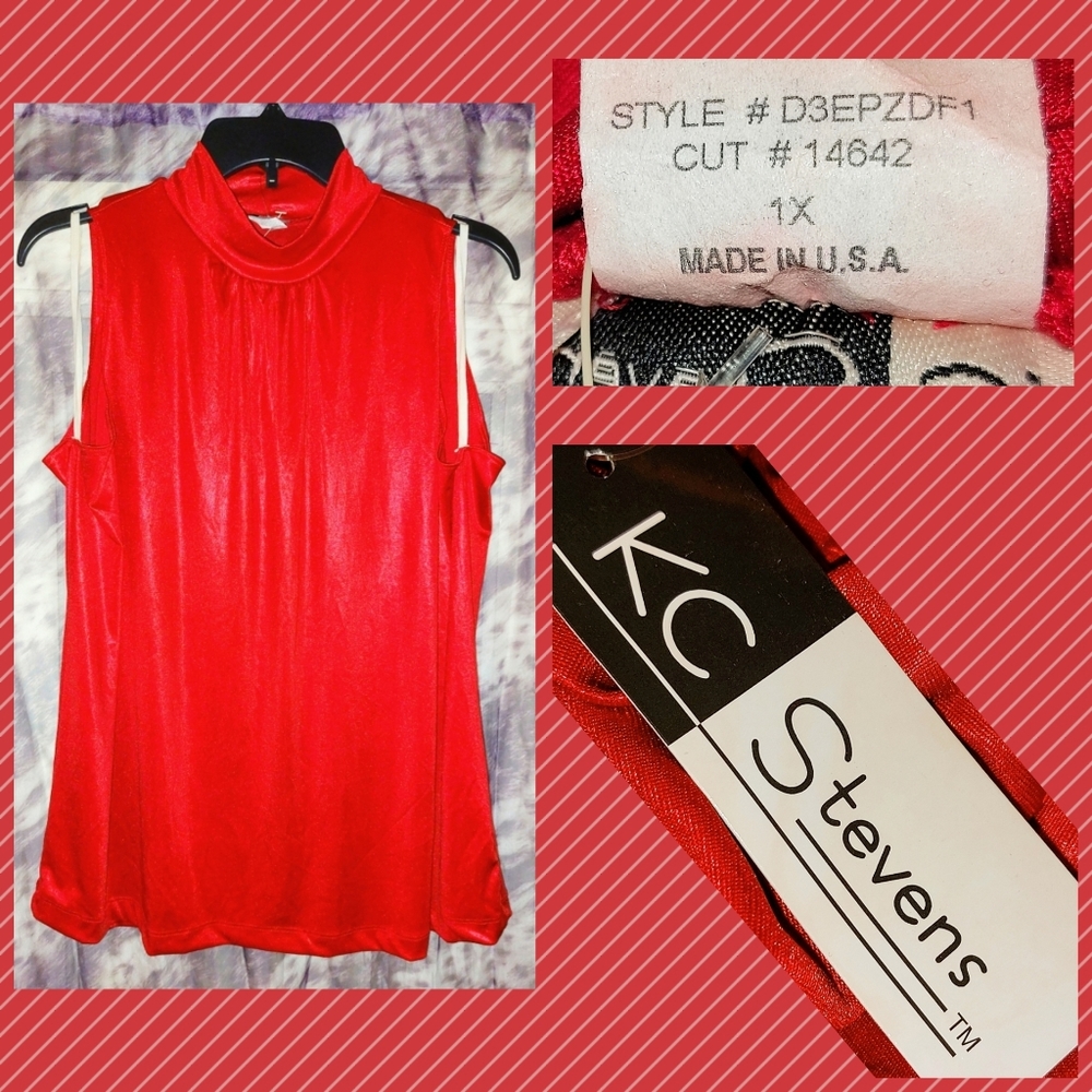 KC Stevens brand Red Mock Neck Satiny Soft Knit Blouse Sz 1X(14/16)